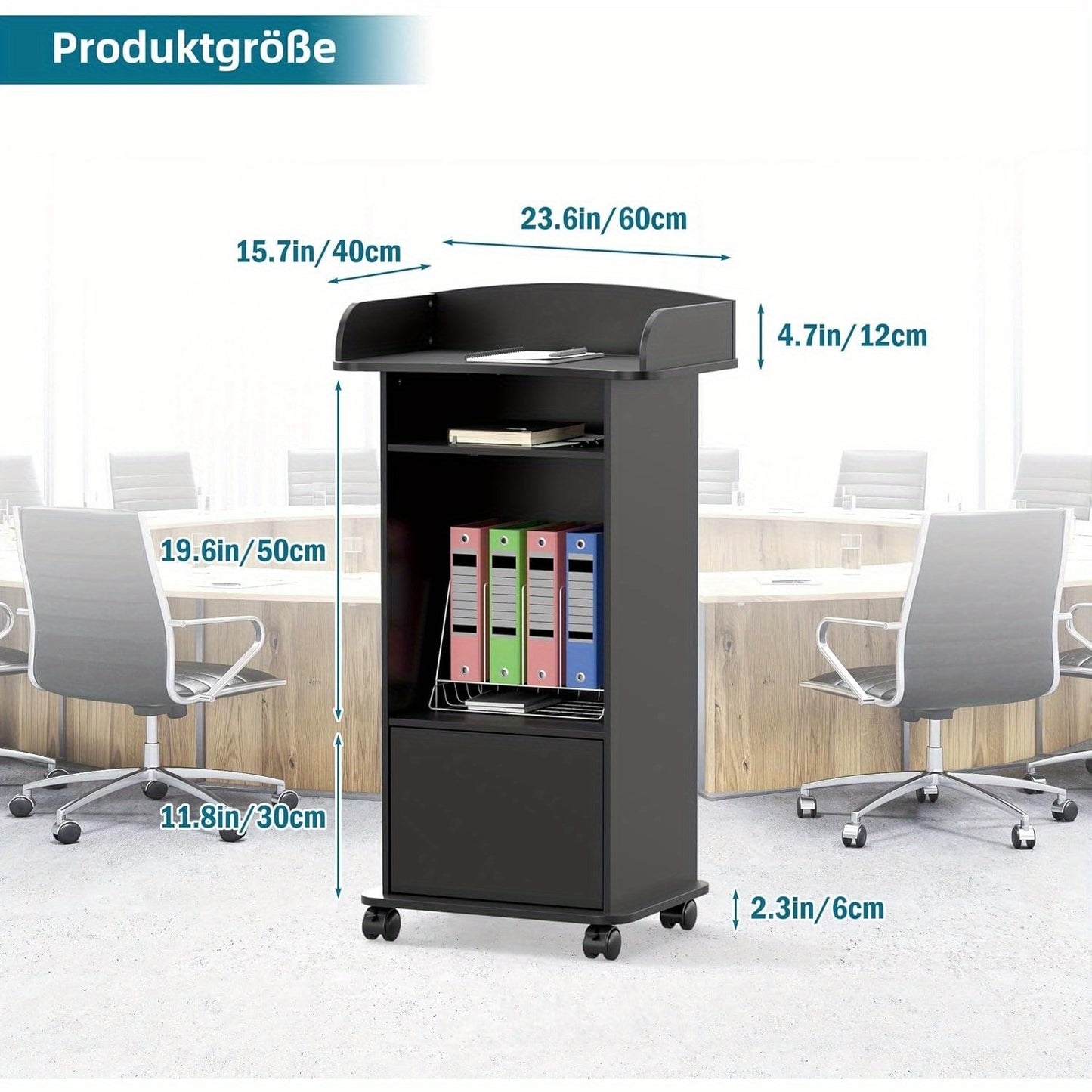 Step Podium Stand with Drawer Mobile Speaker Stand with Wheels Wooden Podium Black Lecterns with Storage Rack