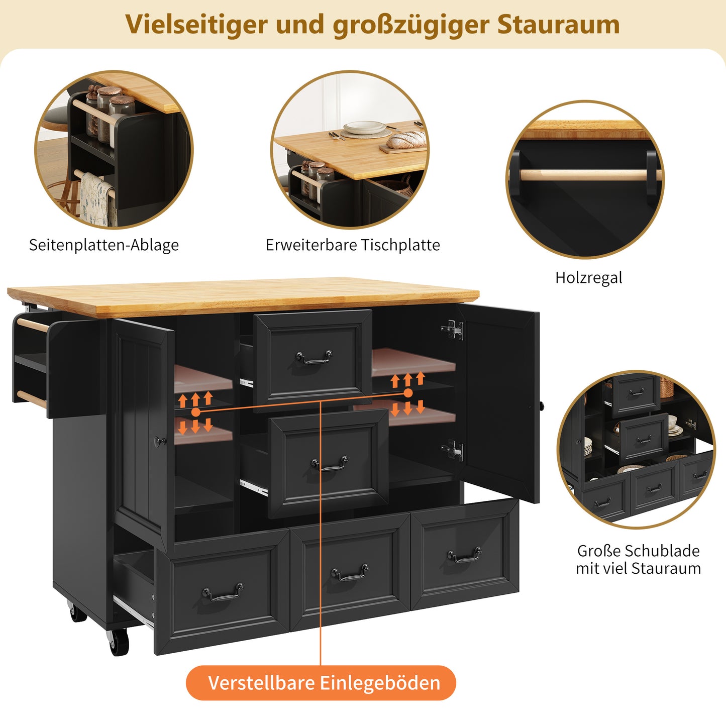 Keukeneiland – Keukenwagen – Kookeiland – Werktafel – Serveertafel – Zwart – Multifunctioneel Met Uitklapbaar Blad – Vijf Zwenkwielen Met Remmen