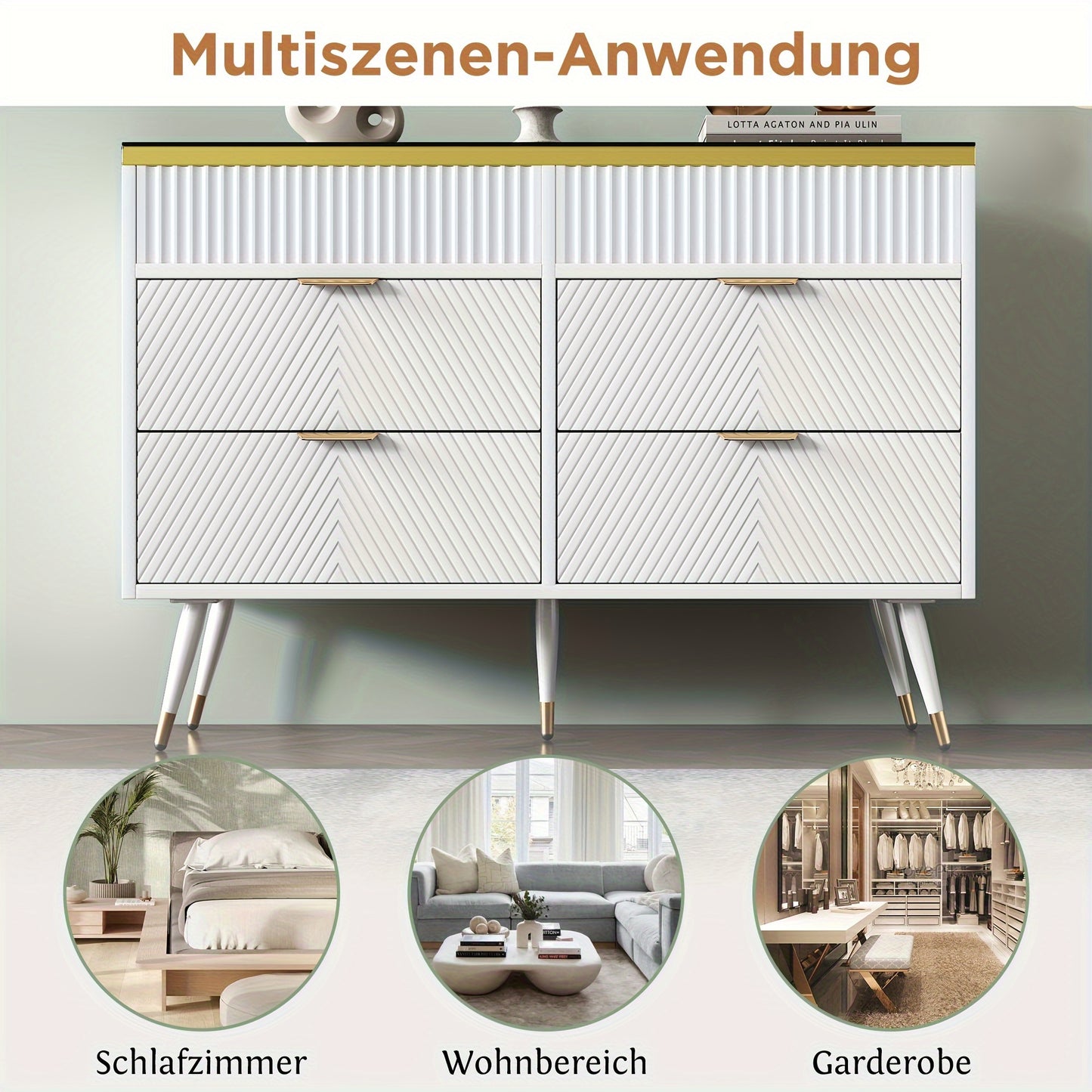 Dressoir – Sideboard – Opbergkast – Ladekast – Wandkast – Modern Wit – Hardhout & Amberglas – 6 Lades Met Compartimenten – Tip-Proof Veiligheidsfunctie – 120x40x76 cm