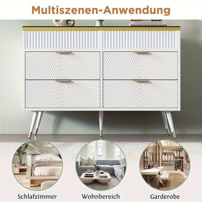Dressoir – Sideboard – Opbergkast – Ladekast – Wandkast – Modern Wit – Hardhout & Amberglas – 6 Lades Met Compartimenten – Tip-Proof Veiligheidsfunctie – 120x40x76 cm