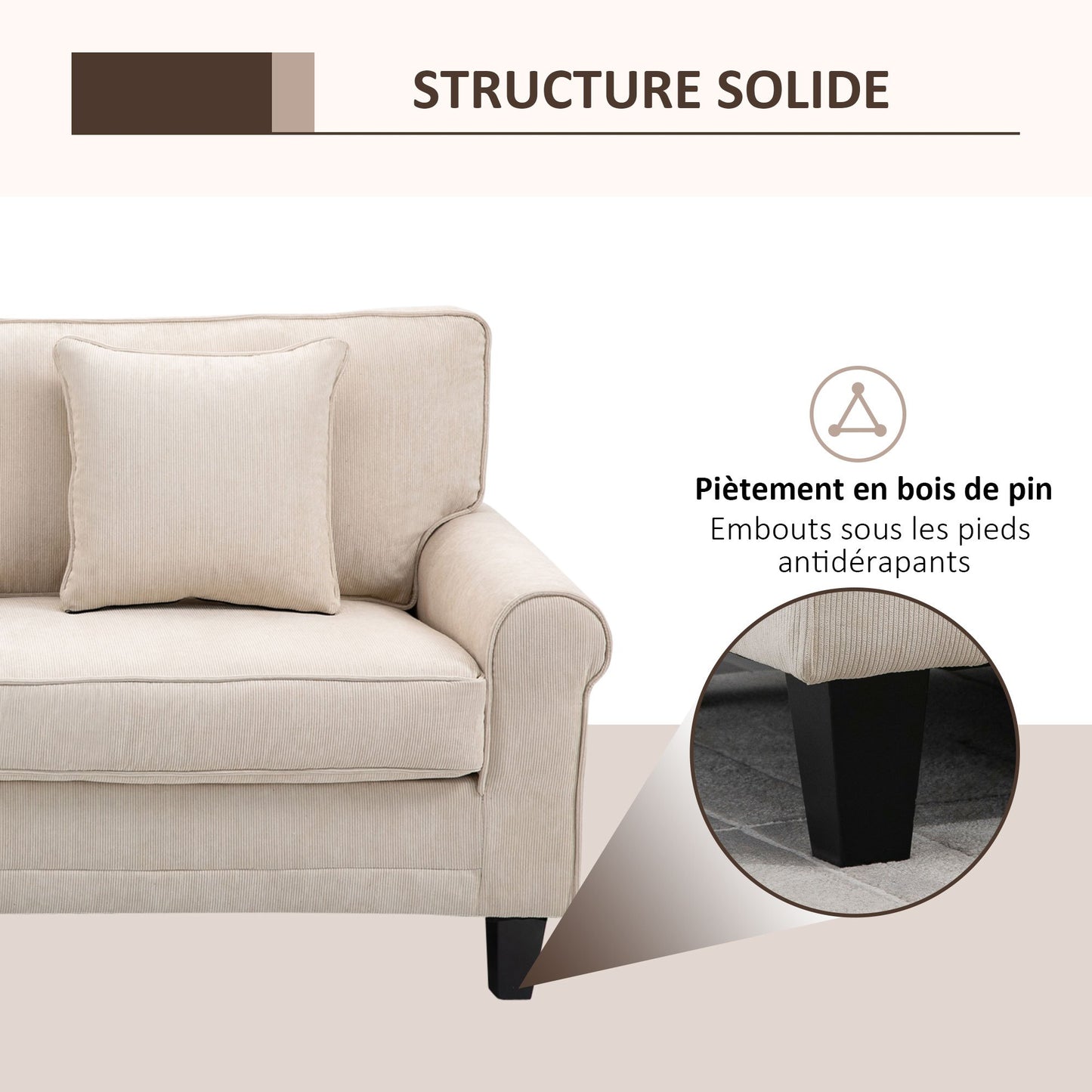Bankstel – 3-zitsbank – Sofa – Slaapbank – Zithoek – Beige Ribfluweel – Hoogwaardig Zitcomfort 197 cm – Massief Dennehouten Poten – Inclusief 2 Sierkussens