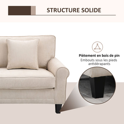 Bankstel – 3-zitsbank – Sofa – Slaapbank – Zithoek – Beige Ribfluweel – Hoogwaardig Zitcomfort 197 cm – Massief Dennehouten Poten – Inclusief 2 Sierkussens