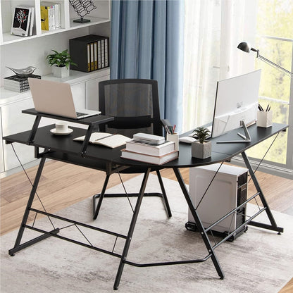 L-vormig Hoekbureau – Hoekdesk – Gamingbureau – Computerbureau – Werkplek Bureau – Verstelbare Monitorstandaard – Robuuste MDF & Stalen Constructie