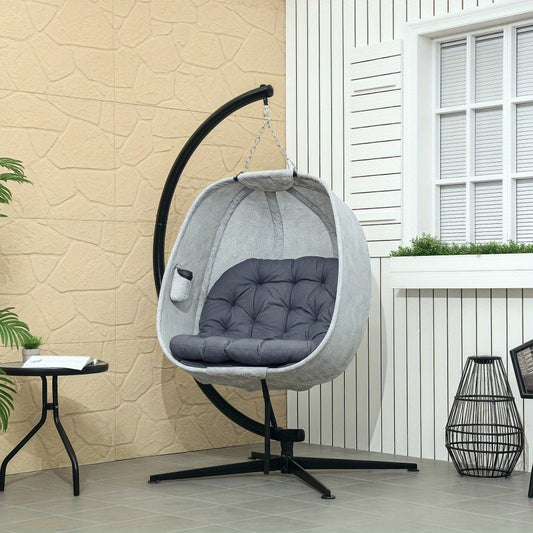 Hangstoel – Hangmand – Schommelstoel – Lounge Stoel – Hangfauteuil – Ergonomisch Design – Inklapbaar Met Kussen – Stalen Frame – Grijs Textiel