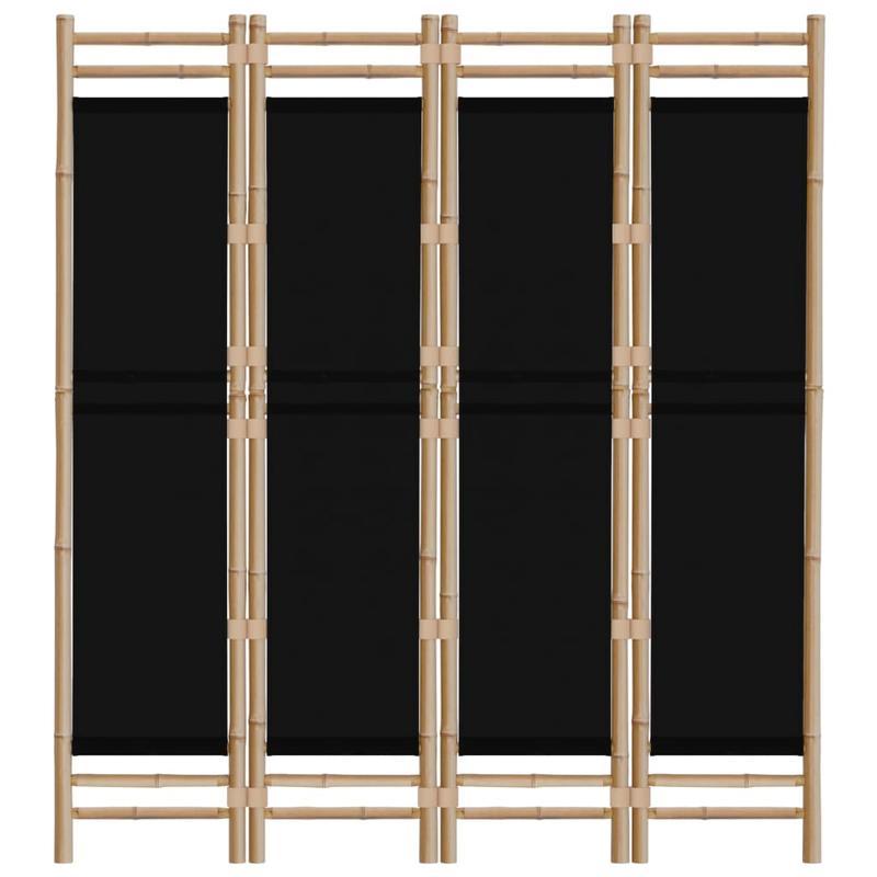 Kamerscherm – Room Divider – Scheidingswand – Privacy Scherm – Vouwscherm – 4-Paneel – Bamboe Frame – Zwarte Stof – 160 cm Hoog – Inklapbaar & Ruimtebesparend