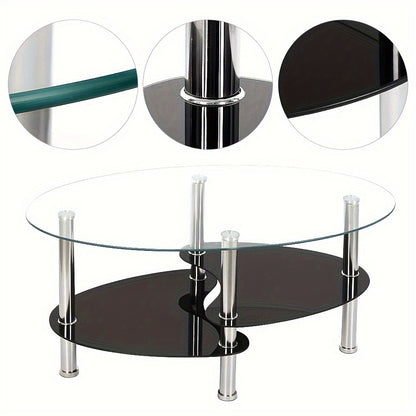 Salontafel – Koffietafel – Woonkamertafel – Lage Tafel – Ovalen Tafel – Gehard Glas – Metalen Poten – 2 Opbergniveaus – 90x50x43 cm