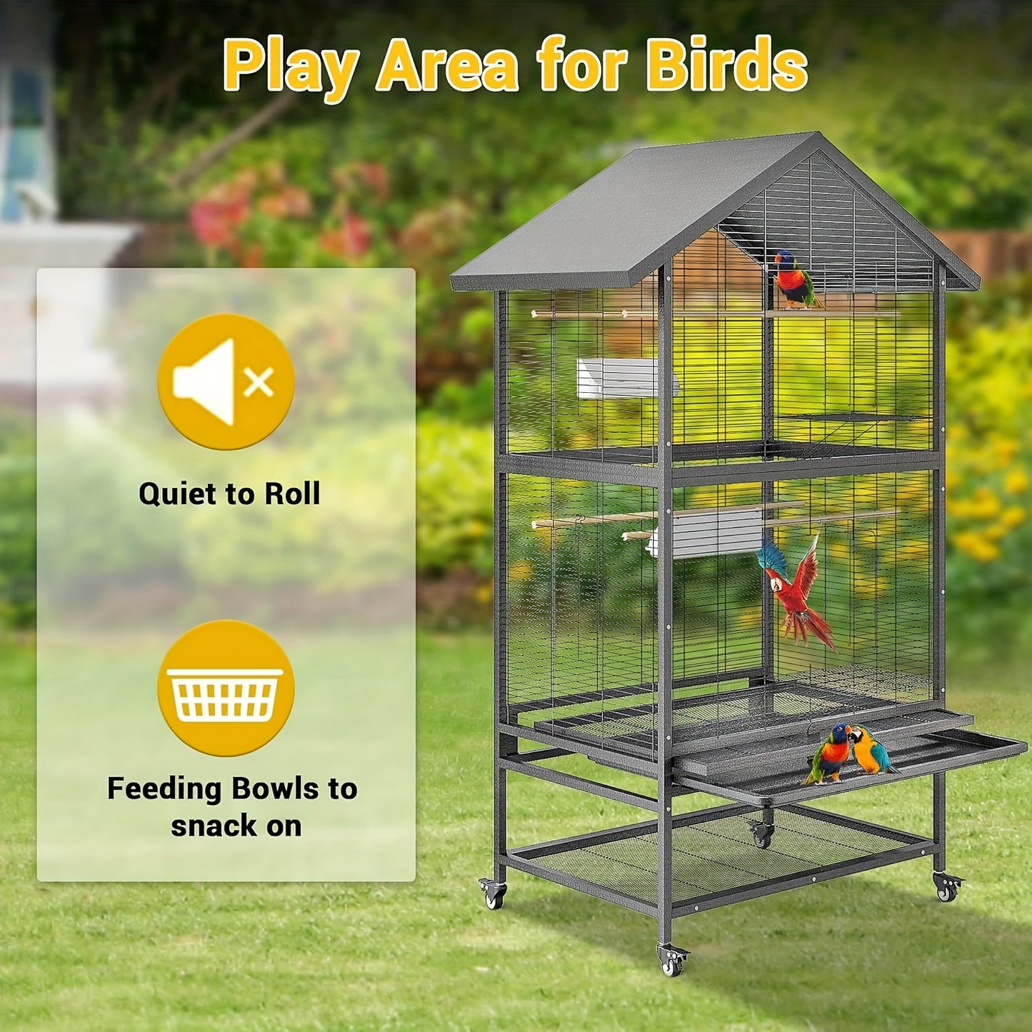 XXL Vogelkooi Papegaaien – Grote Vogelkooi – Papegaai Kooi – Vogelkooi Binnen – Vogelkooi Buiten – Extra Ruim – Stabiele Constructie – 2 Deuren & 360° Wielen – Zwart