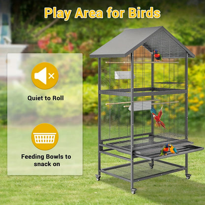 XXL Vogelkooi Papegaaien – Grote Vogelkooi – Papegaai Kooi – Vogelkooi Binnen – Vogelkooi Buiten – Extra Ruim – Stabiele Constructie – 2 Deuren & 360° Wielen – Zwart