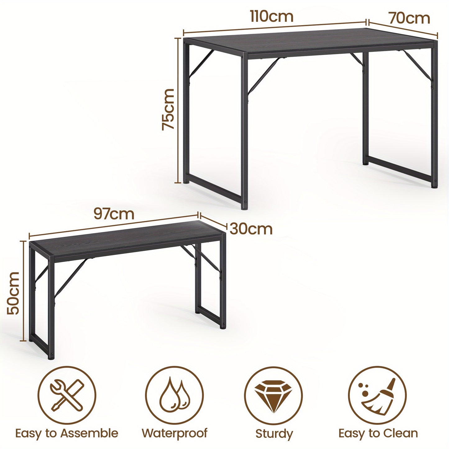 Eettafelset – Eetkamerset – Eethoek – Keukentafelset – Tafel met banken – Waterafstotend tafelblad – Industrieel stalen frame – Vintage kleur