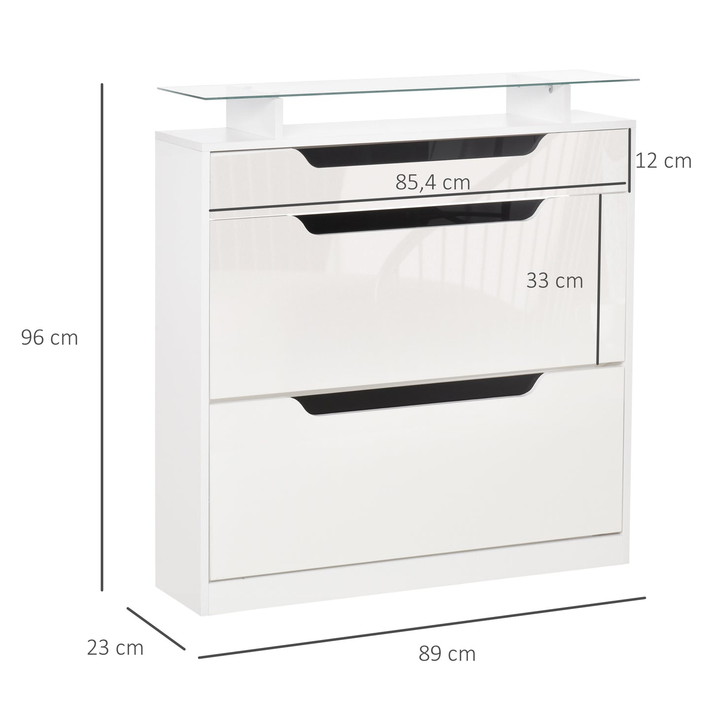 Schoenenkast – Schoenopberger – Schoenenrek – Opbergrek – Schoenmeubel – Wit – 2 Vouwladen + 1 Lade – Verstelbare Glazen Plank