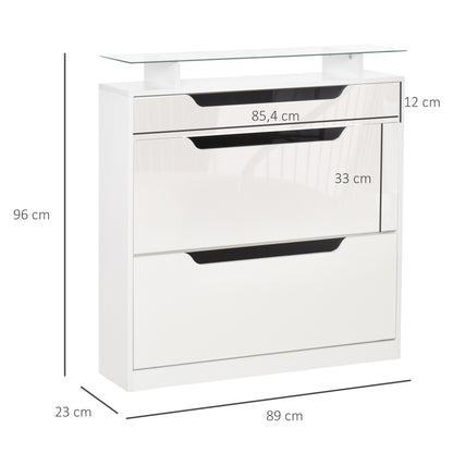 Schoenenkast – Schoenopberger – Schoenenrek – Opbergrek – Schoenmeubel – Wit – 2 Vouwladen + 1 Lade – Verstelbare Glazen Plank