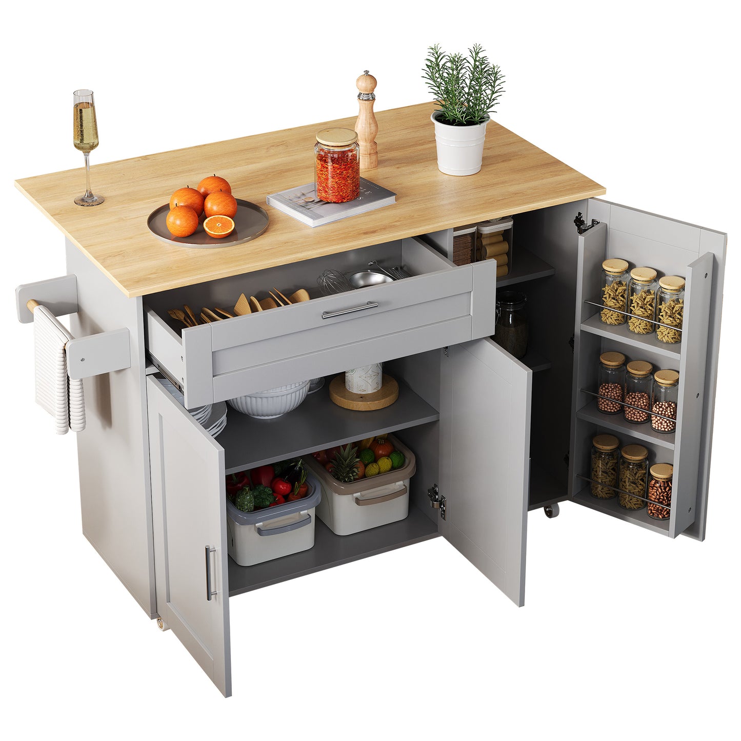 Keukenwagen – Keukenkar – Servierwagen – Mobiele Keukentrolley – Keukenmeubel – Uitklapbaar Werkblad – 5 Wielen Met Rem – Grijs Met Eikenlook