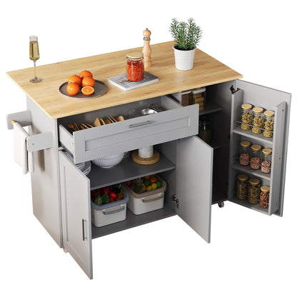 Keukenwagen – Keukenkar – Servierwagen – Mobiele Keukentrolley – Keukenmeubel – Uitklapbaar Werkblad – 5 Wielen Met Rem – Grijs Met Eikenlook