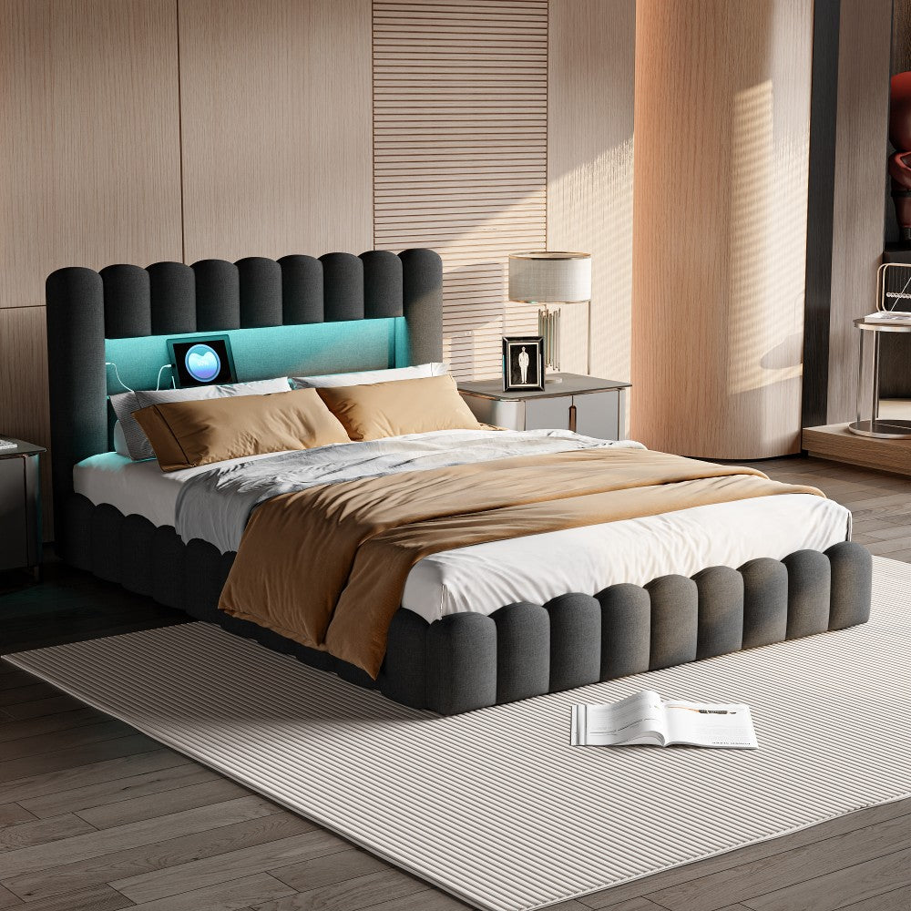 Boxspringbed – Boxspring – Tweepersoonsbed – Boxspringbedframe – Gestoffeerd Bed – 160x200 cm – LED Hoofdbord – USB Laadpoorten – Opbergruimte – Lattenbodem