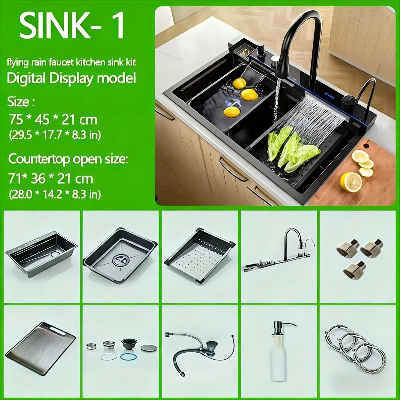 Digitale Keukenkraan – Keukenmengkraan – Watervalkraan – Spoelkraan – Kraan Met Display – Rechthoekige Spoelbak 75x45 cm – Vacuüm Afvoersysteem – Pull-Down Sproeikop