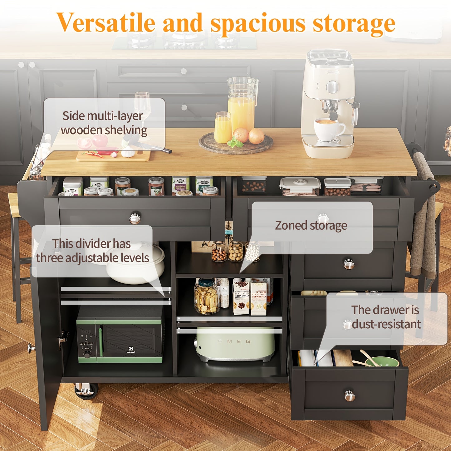 Serveerwagen – Trolley – Serveerkar – Eettafelwagen – Keukentrolley – Zwart – MDF En Hardhout – Mobiel En Bergkast