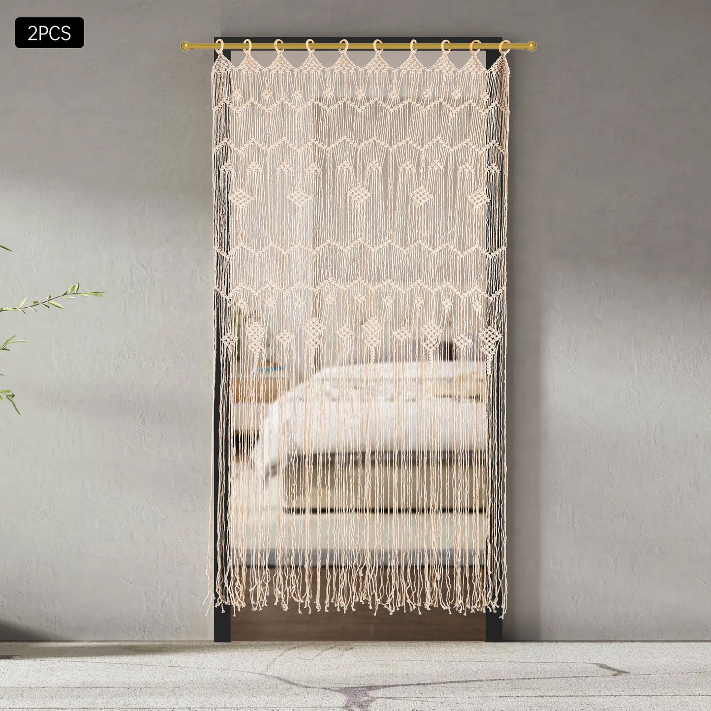 Macramé Gordijnen – Boho Gordijnen – Handgemaakte Gordijnen – Kamerscherm – Raamdecoratie – Beige / Naturel – Extra Lang 100x200 cm – Houten Ringen Voor Eenvoudig Ophangen