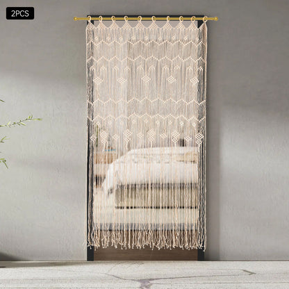 Macramé Gordijnen – Boho Gordijnen – Handgemaakte Gordijnen – Kamerscherm – Raamdecoratie – Beige / Naturel – Extra Lang 100x200 cm – Houten Ringen Voor Eenvoudig Ophangen
