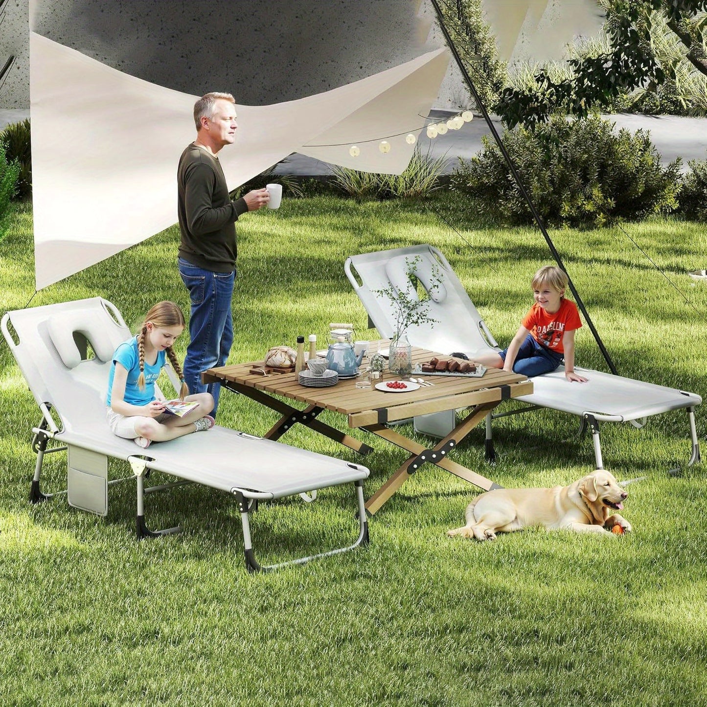 Ligstoel – Relaxstoel – Tuinstoel – Inklapbare Stoel – Ligbed – Stevig Kunststof Frame – Handmatig Verstelbare Rugleuning – Compact Opvouwbaar – Comfortabel Hoofdkussen – Lichtgrijs