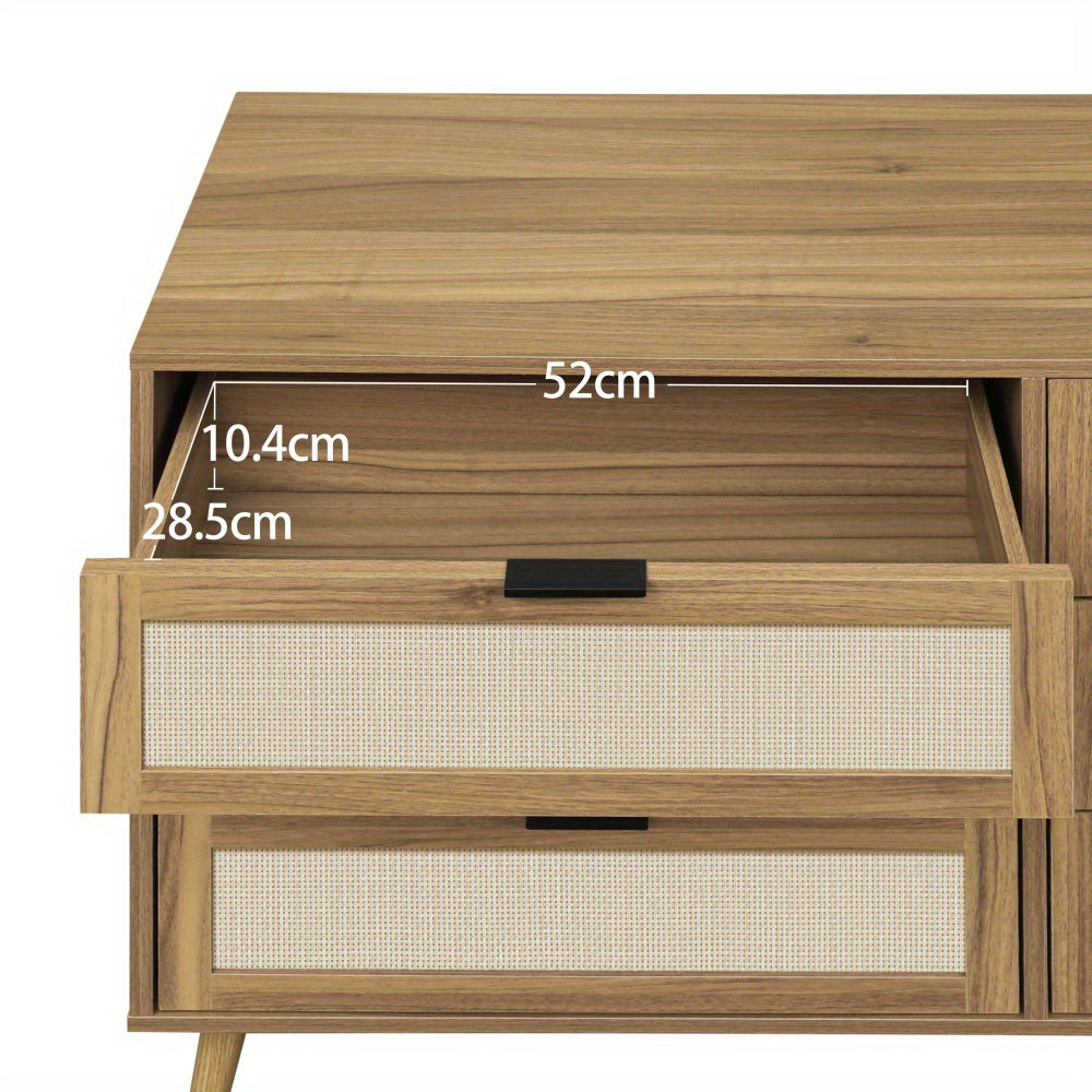 Ladekast – Ladenkast – Commode – Opbergkast – Dressoir – Walnootkleur – Rattan Ladefronten – 6 Lades – Stevige Dennenhouten Poten – 118,5 cm Breed