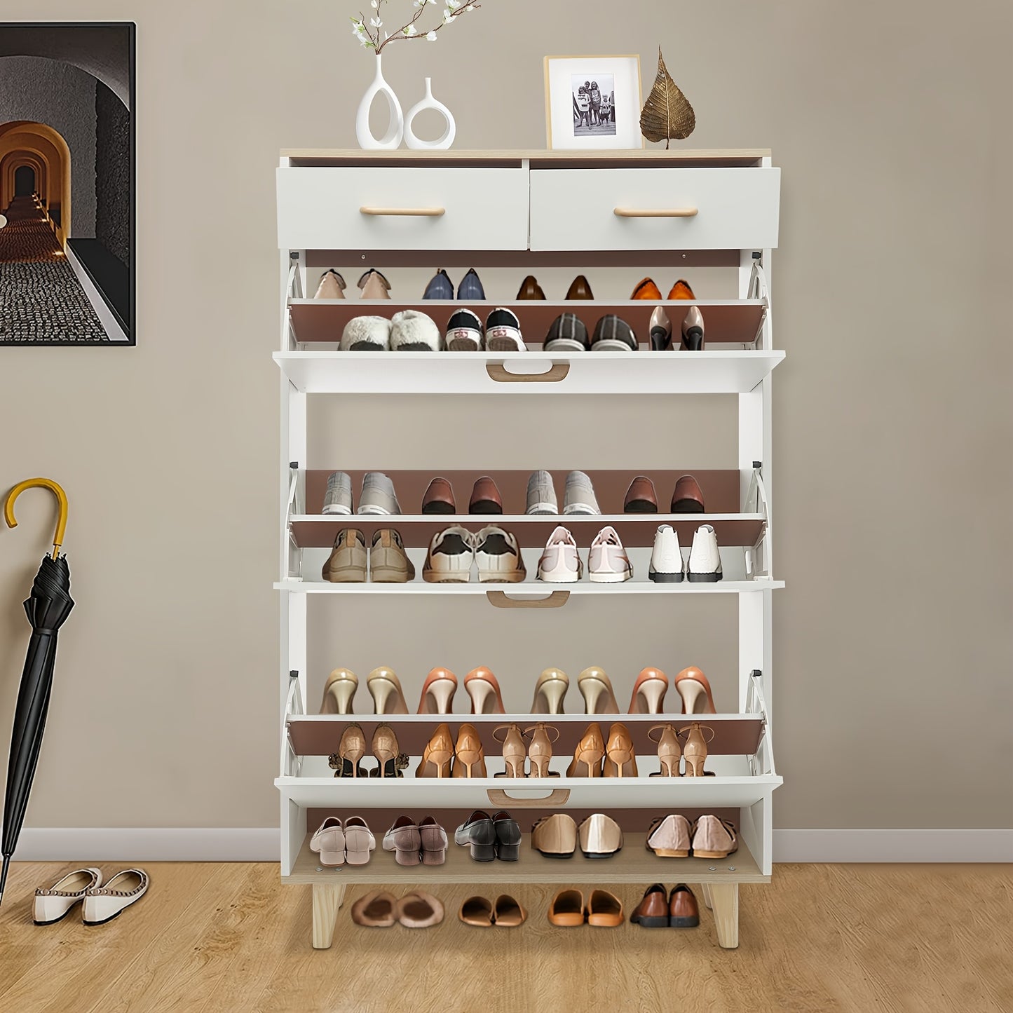 Schoenenkastje – Schoenenrek – Schoenenkast – Schoenopberger – Schoenmeubel – Warm Wit – Vrijstaand Met Twee Lades – Ventilatie Achterpanelen