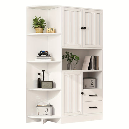 White Modern Corner Storage Cabinet with 3 Cabinets & 2 Drawers - Space-Saving Tall Bookshelf with Open Shelves & Closed Storage, Freestanding Floor Cabinet for Living Room, Hallway, Entryway - Easy Assembly, Classic Design,