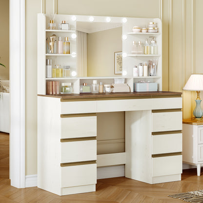 Kaptafel – Make-uptafel – Toillet – Verzorgingstafel – Slaapkamertafel – Wit met Gouden Accenten – Verstelbare Verlichting – Grote HD-Spiegel – Veel Opbergruimte