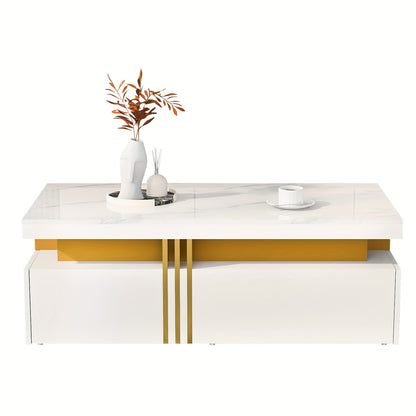 Modern Rectangular Coffee Table, High-gloss Tabletop with 2 Wooden Drawers, Marble Top, for Living Room, 100*50*40cm
