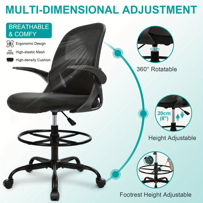 KERDOM Ergonomic High-Back Swivel Drafting Chair - Breathable Mesh Office Chair with Lumbar Support, Adjustable Footrest Ring & Flip-Up Armrests, 360° Swivel Metal Base for Home Office, Art Studio, Standing Desk, Ergonomic O