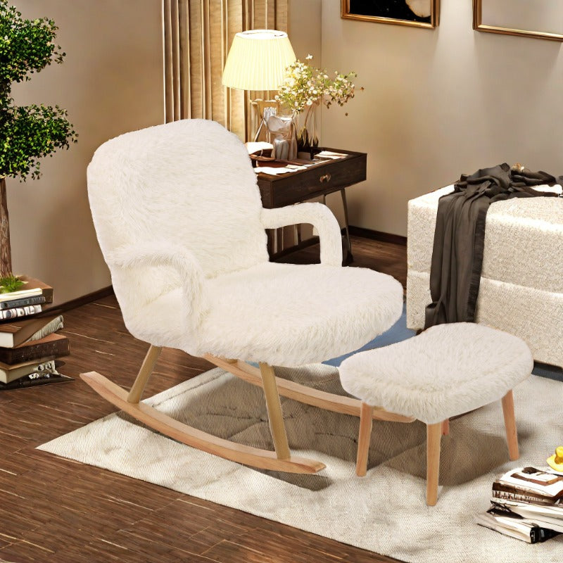 Schommelstoel – Relaxstoel – Fauteuil – Wipstoel – Lounge Stoel – Met Voetensteun – Wit Pluche – Massief Houten Frame