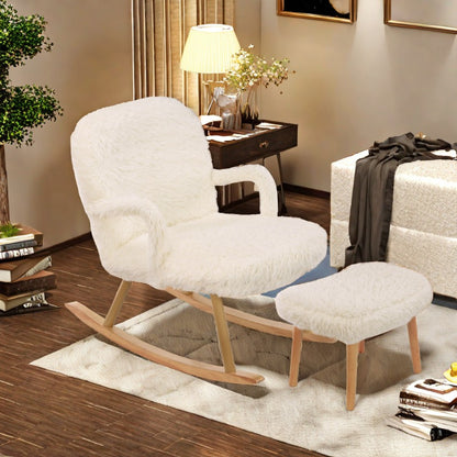 Schommelstoel – Relaxstoel – Fauteuil – Wipstoel – Lounge Stoel – Met Voetensteun – Wit Pluche – Massief Houten Frame