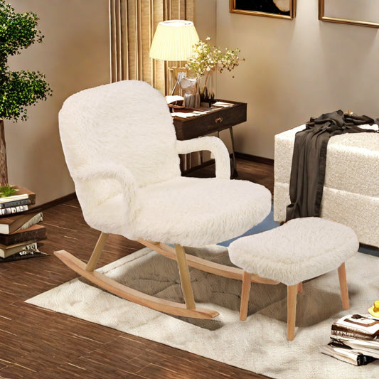 Schommelstoel – Relaxstoel – Fauteuil – Wipstoel – Lounge Stoel – Met Voetensteun – Wit Pluche – Massief Houten Frame