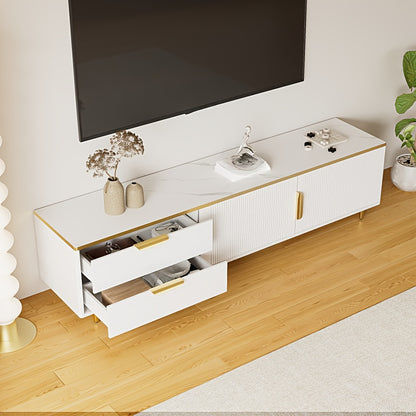 Modern White & Golden TV Stand Entertainment Center with Marble Texture & Carved Textured Undercroft Storage - Metal Construction, Golden Handles & Feet, Freestanding Media Console for Living Room, 68.58cm+ Height, 3.2+ Cubic