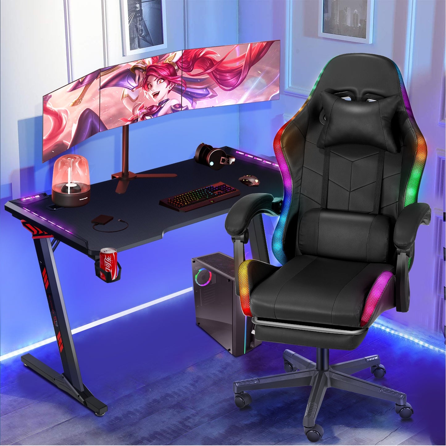 Gamingstoel – Bureaustoel – Draaistoel – Ergonomische Stoel – Zwarte RGB Verlichting – Verstelbare Rugleuning 135° – Memory Foam Zitting