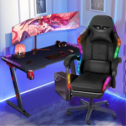 Gamingstoel – Bureaustoel – Draaistoel – Ergonomische Stoel – Zwarte RGB Verlichting – Verstelbare Rugleuning 135° – Memory Foam Zitting