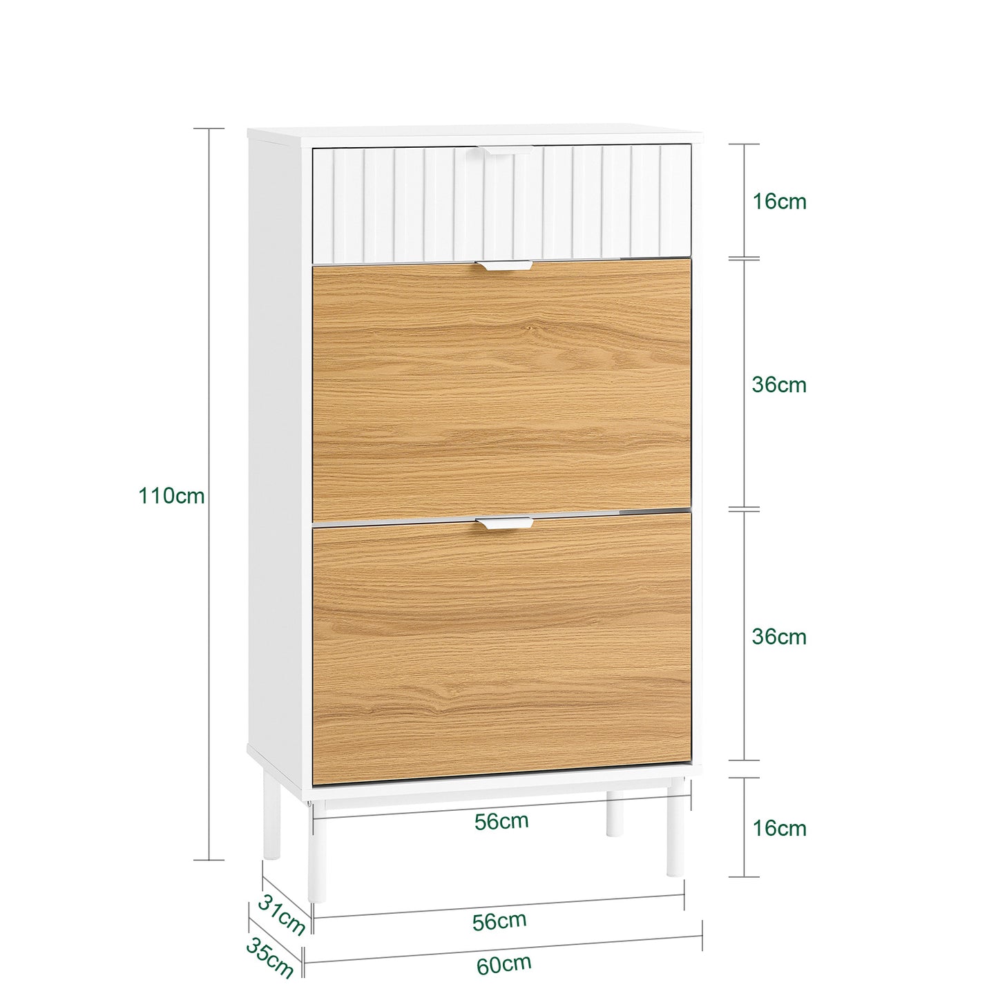 Schoenenkast – Schoenenrek – Schoenenopberger – Opbergkast – Schoenenschuiflade – 2 Klapdeuren – Verstelbare Vakverdeling – MDF Wit/Natuurlijk Hout – 60x35x110 cm