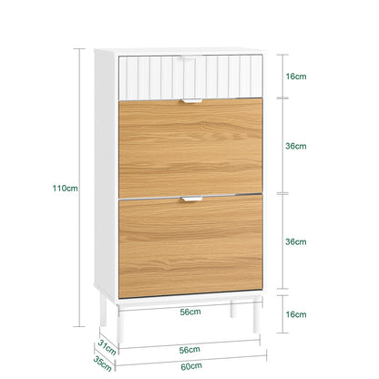 Schoenenkast – Schoenenrek – Schoenenopberger – Opbergkast – Schoenenschuiflade – 2 Klapdeuren – Verstelbare Vakverdeling – MDF Wit/Natuurlijk Hout – 60x35x110 cm