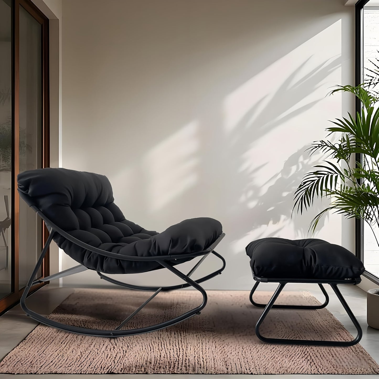 Schommelstoel – Draaifauteuil – Relaxstoel – Loungestoel – Stoel Zwart – Handmatige Verstelbare Rugleuning – 360° Draaifunctie