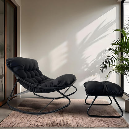 Schommelstoel – Draaifauteuil – Relaxstoel – Loungestoel – Stoel Zwart – Handmatige Verstelbare Rugleuning – 360° Draaifunctie