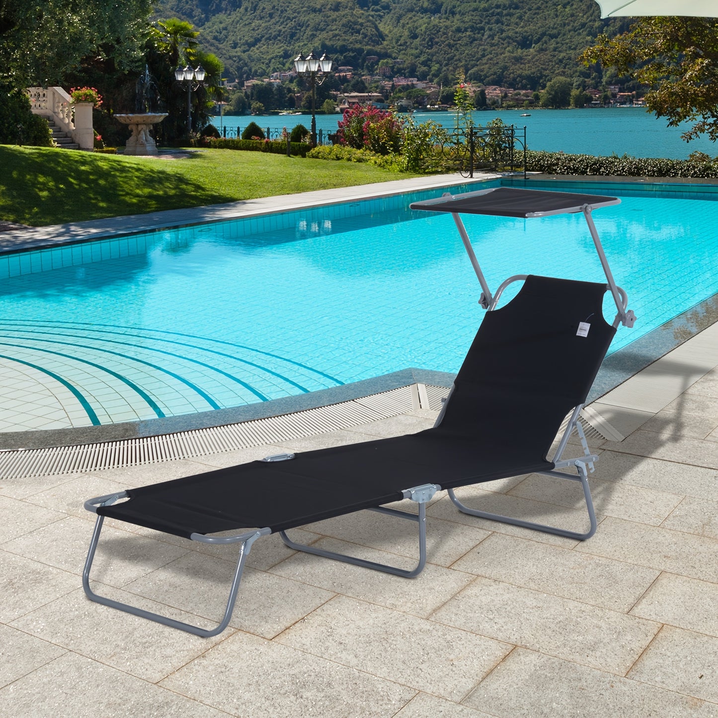 Ligstoel – Loungestoel – Ligbed – Zonnebed – Opvouwbare Tuinstoel – Extra Lang – Stevig Metaal Frame – Ingebouwd Zonnescherm – Comfortabel Polyester Kussen – Handmatig Verstelbaar – Zwart