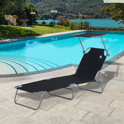 Ligstoel – Loungestoel – Ligbed – Zonnebed – Opvouwbare Tuinstoel – Extra Lang – Stevig Metaal Frame – Ingebouwd Zonnescherm – Comfortabel Polyester Kussen – Handmatig Verstelbaar – Zwart