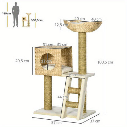 Scratching Post with Cat House, Sisal Scratching Columns, Washable Cushions, 100.5H x 57L x 37B cm, White/ Natural, Feline Enrichment, Pet Scratching Post, Stylish Cat Tree, Minimalist Design, Sturdy Frame, Sisal Rope Constru