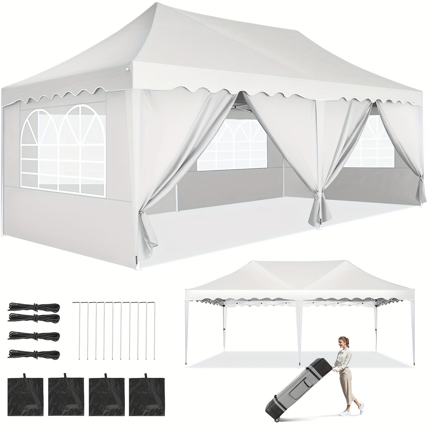 Pop-up Partytent – Vouwtent – Evenemententent – Tuin Tent – Tunneltent – 3x6 Meter – Waterafstotende Zilveren Coating – Inclusief 6 Zijwanden en Wieltas