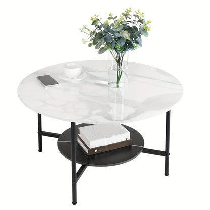 Salontafel – Bijzettafel – Woonkamertafel – Koffietafel – Accenttafel – Rond Design – Sintersteen Tafelblad – Zwart Metalen Frame – 2-Niveaus Opbergplank