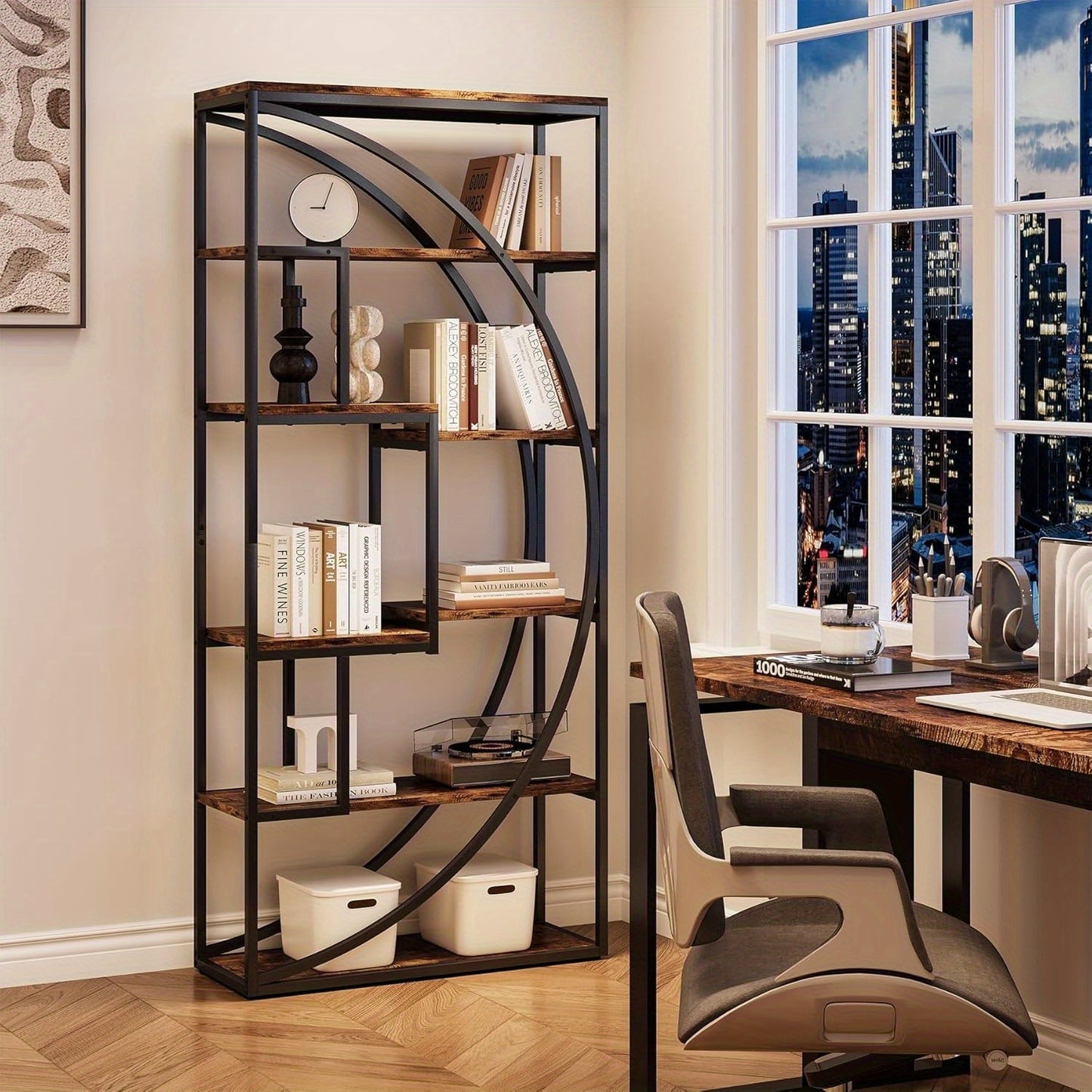 Boekenkast – Boekenrek – Opbergkast – Vakkenkast – Boekplank – Industrieel – Metalen Frame & Houten Planken – 70,8 Inch Hoog – Open Achterzijde