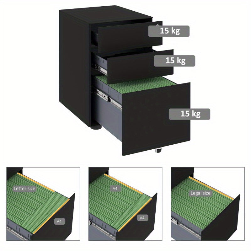 Mobiele Ladekast – Ladekast Op Wieltjes – Kantoor Opslagkast – Opberglade – Ladeblok – Zwart – Compact 39x48x59 cm – Duurzaam Stalen Materiaal