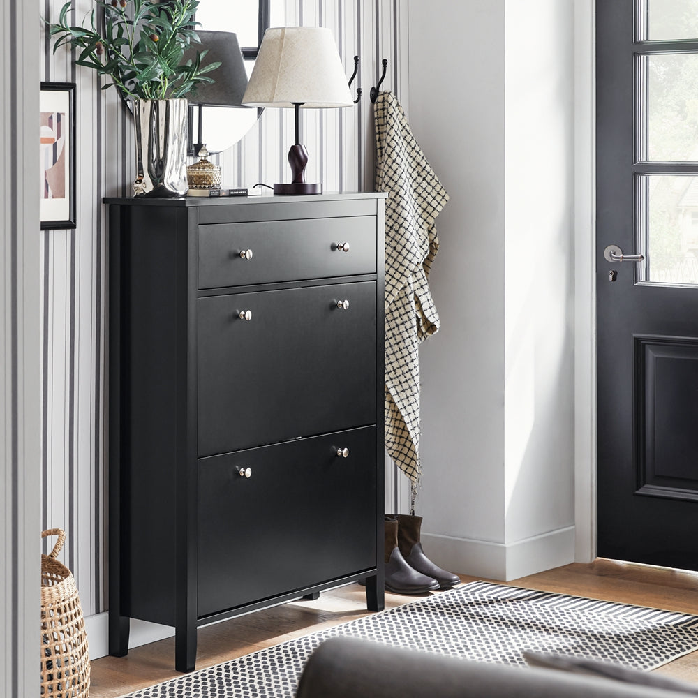 Schoenenkast – Schoenenopberger – Schoenenrek – Schoenenkastje – Schoenenmeubel – 2 Deuren – Grote Lade – Smal Design – Zwart Hout