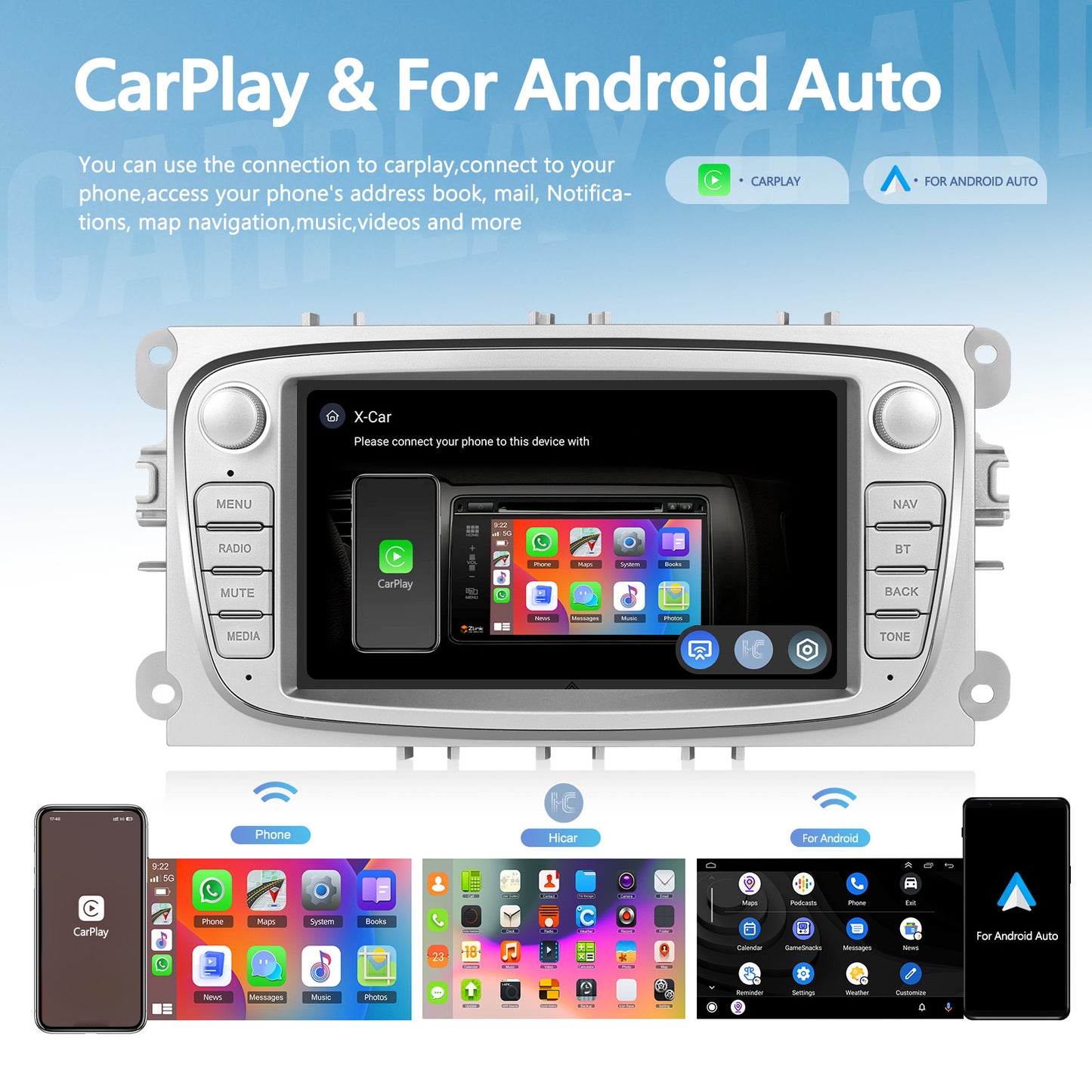 8 Cores 4+64GB Android 15 Car Radio for Ford Focus Mondeo C-MAX S-MAX for galaxy II Kuga 17.78 cm Wireless Carplay Radio with Android Car Mirror Link B-T FM/ RDS/ EQ/ DSP WiFi GPS Navigation Reversing, Car Entertainment Syste