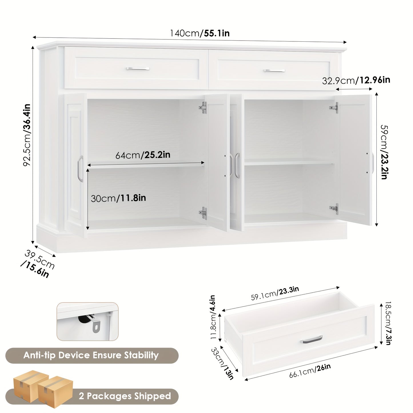 Opbergkast – Kast Met Lades – Dressoir – Bergmeubel – Witte Opbergkast – Stevig Hout & Spaanplaat – Ruime Indeling Met 3,2+ Kubieke Voet