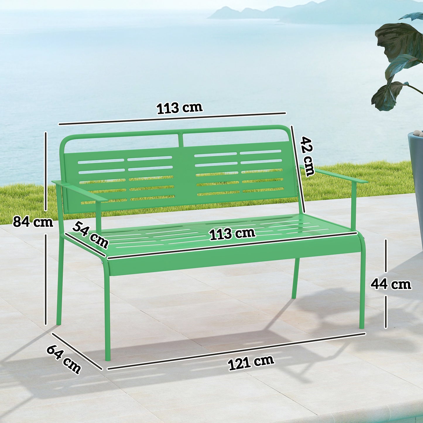 Tuinbank – Buitenbank – Balkonbank – Terrasbank – Verandabank – Stalen Tuinbank – Weerbestendig – 121x64x84 cm – Groen – Met Armleuningen en Rugleuning